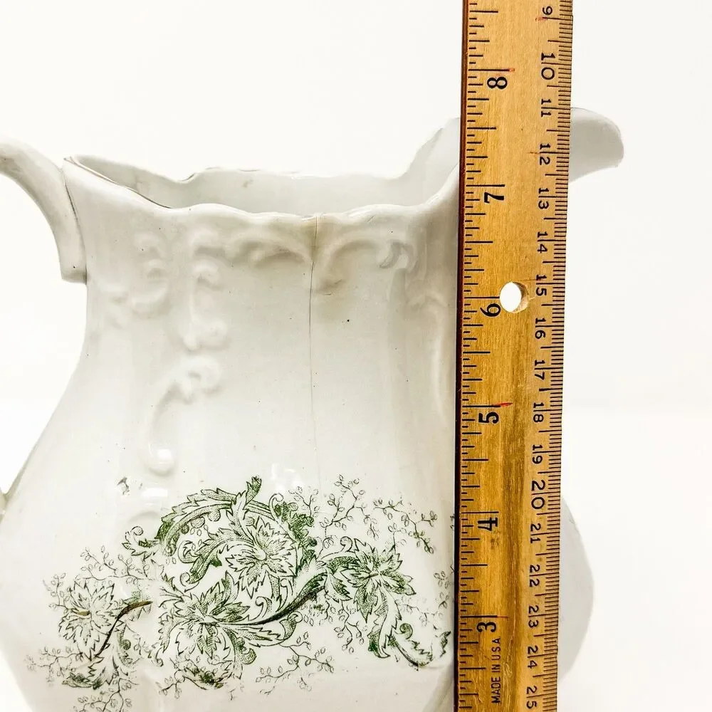 Antique Wick China Co Aurora Ironstone Pitcher Green Transferware Floral Gilt